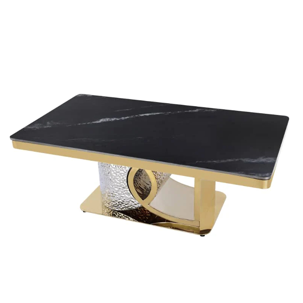 Ilsero Black Sintered Stone Hammered Design Coffee Table with Gold Finish Frame