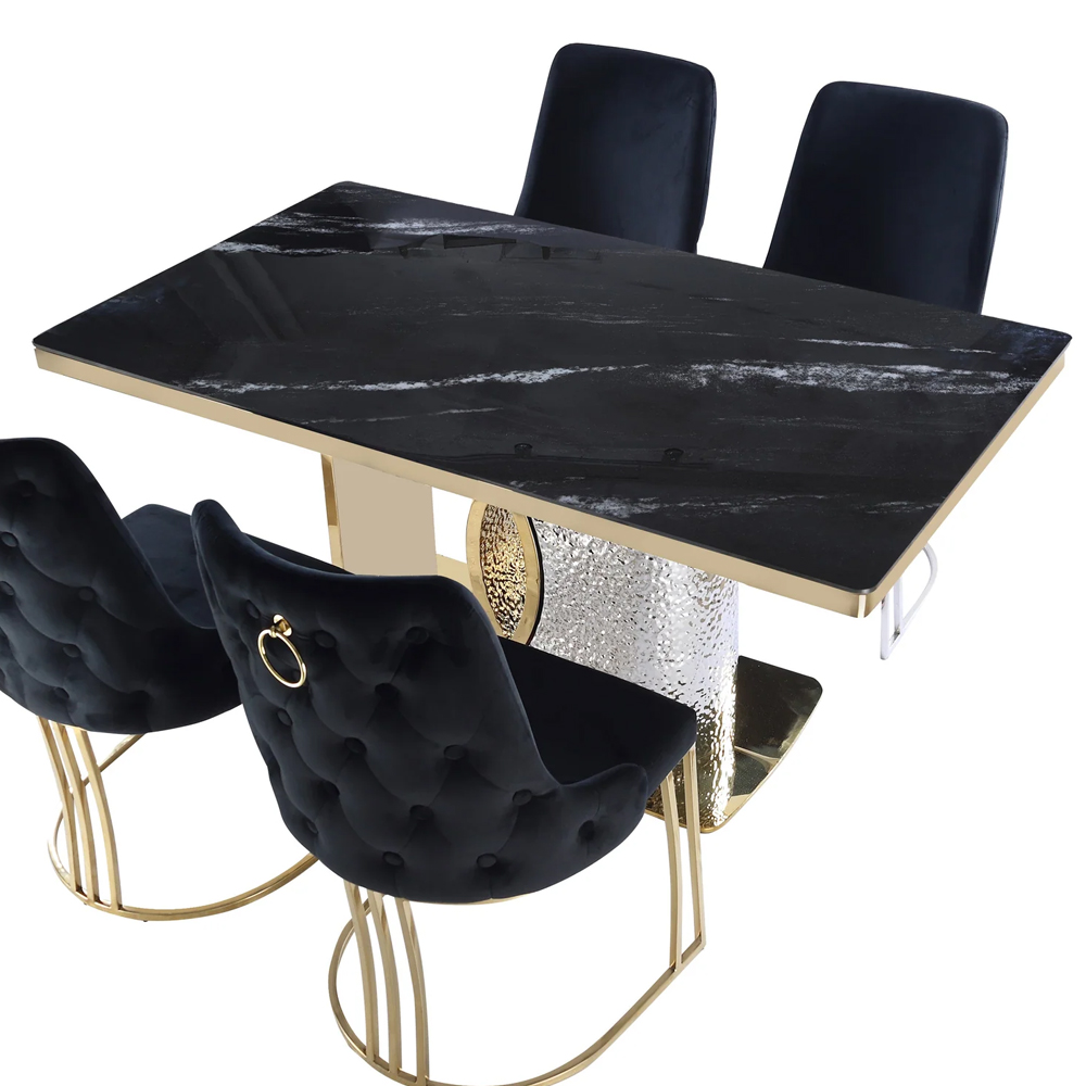Ilsero Black Sintered Stone Hammered Design Dining Table with Gold Finish Frame
