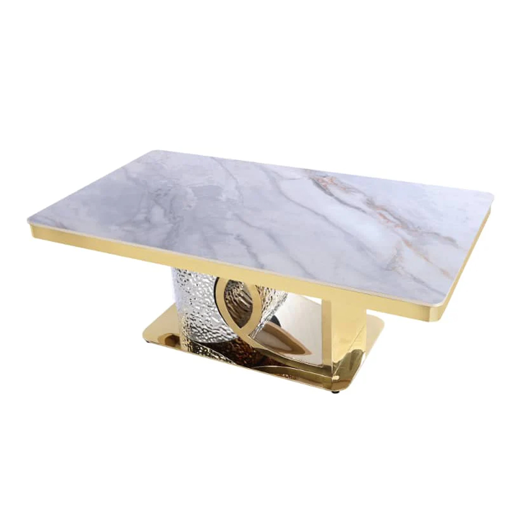 Ilsero Grey Sintered Stone Hammered Design Coffee Table with Gold Finish Frame