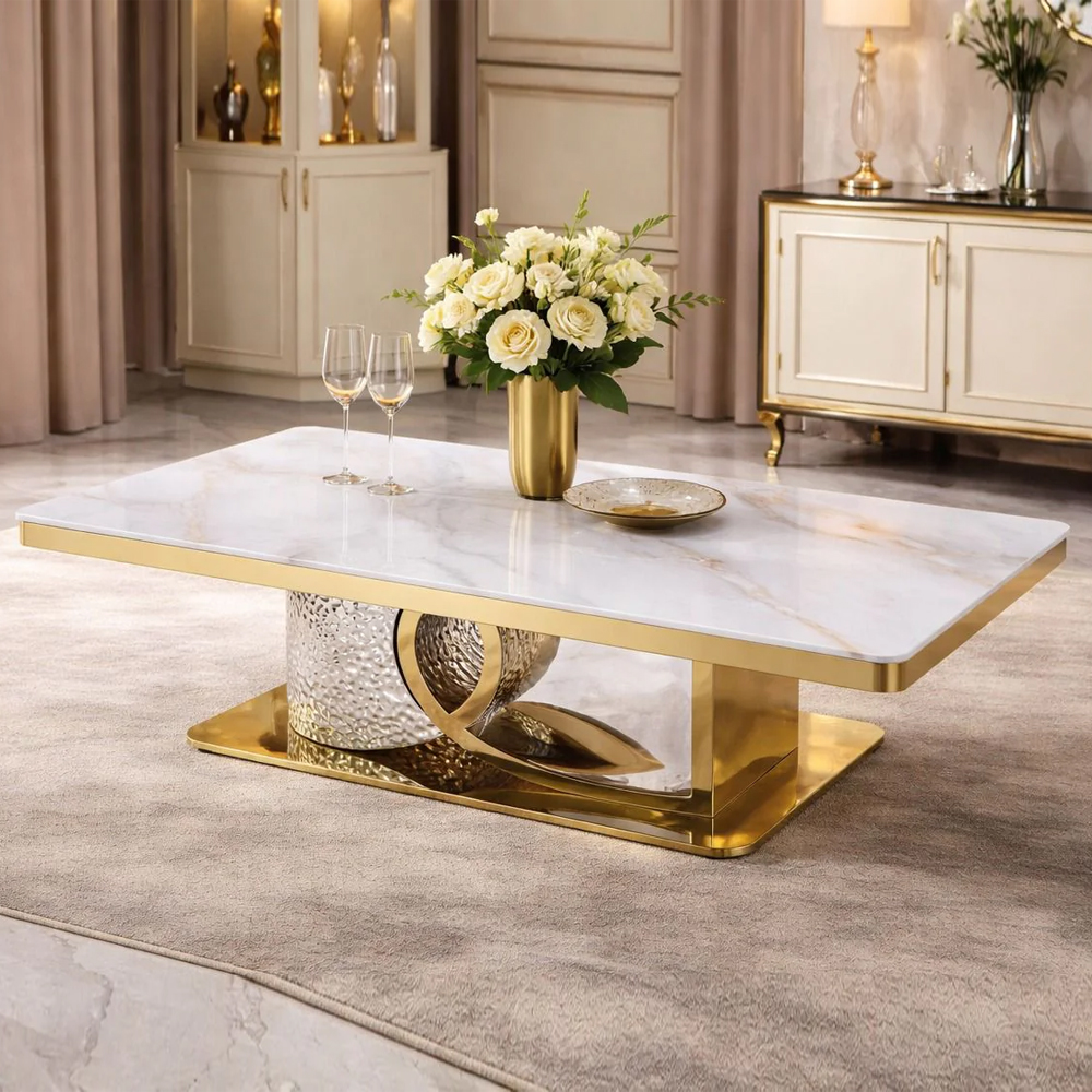 Ilsero White Sintered Stone Hammered Design Coffee Table with Gold Finish Frame