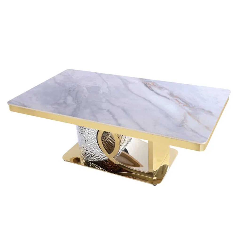 Ilsero White Sintered Stone Hammered Design Coffee Table with Gold Finish Frame