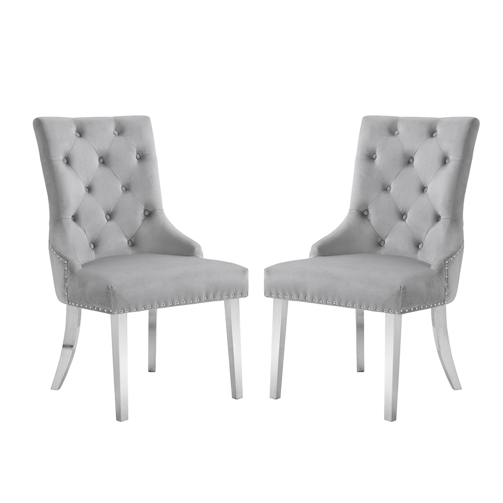 Imperial Grey Velvet Button Back Dining Chairs In Pair
