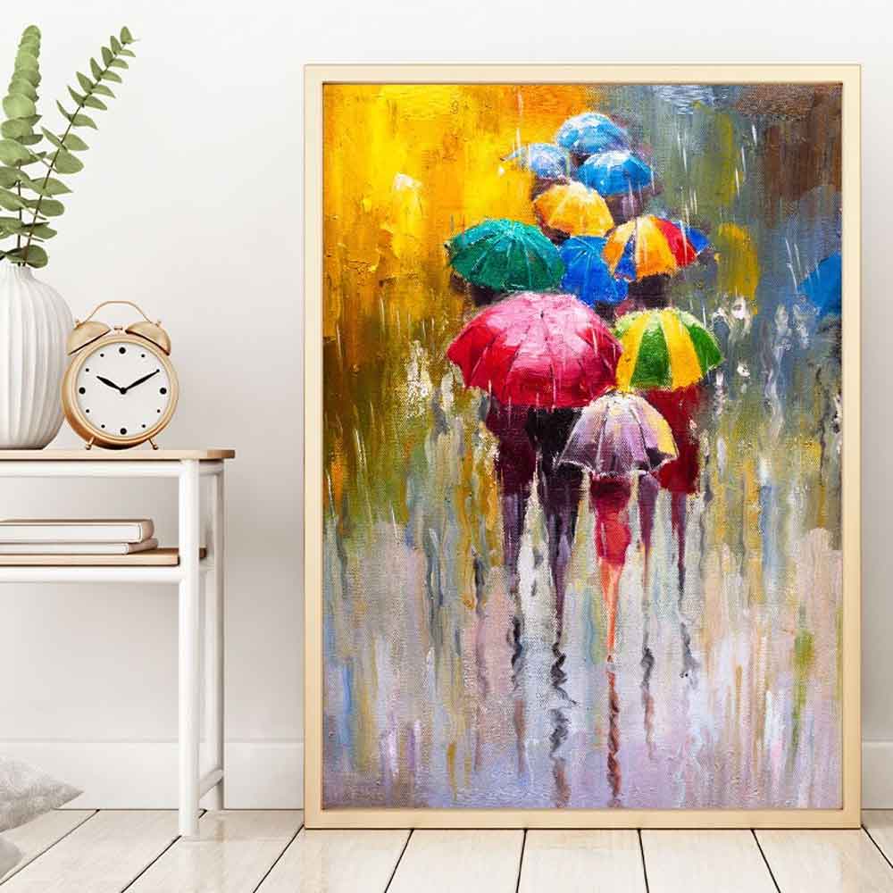 Impressionist Wooden 35x50cm Rainy Day Umbrella Wall Frame in Multicolour