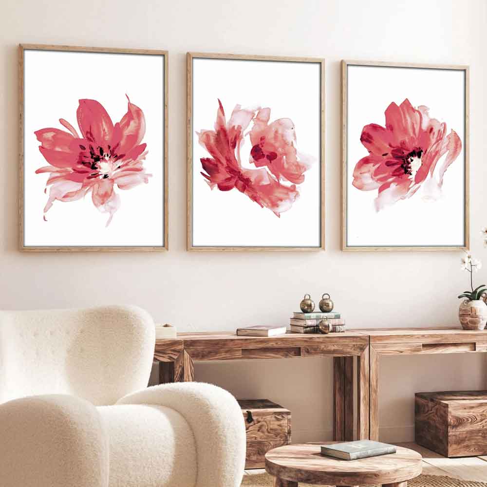 Impressionist Wooden 20x30cm Crimson Bloom Art Frame Set of 3 in Multicolour