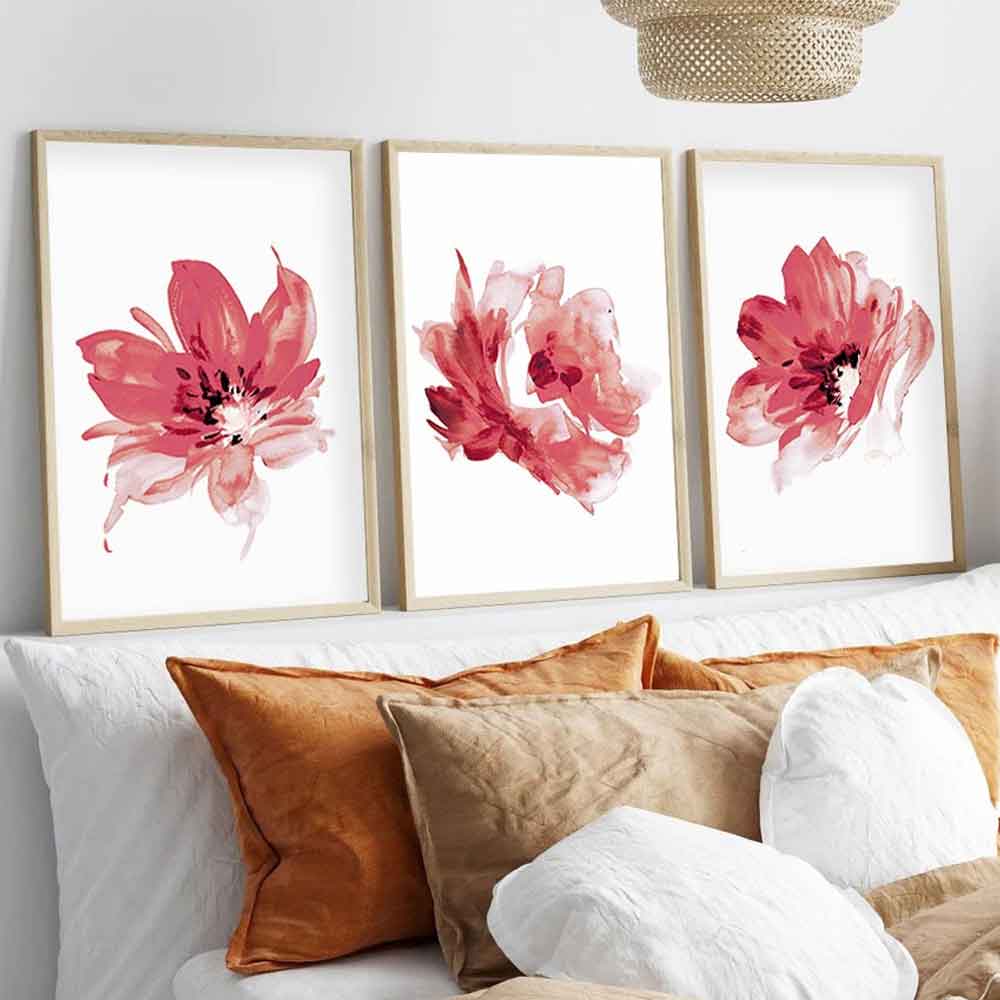 Impressionist Wooden 30x40cm Crimson Bloom Art Frame Set of 3 in Multicolour