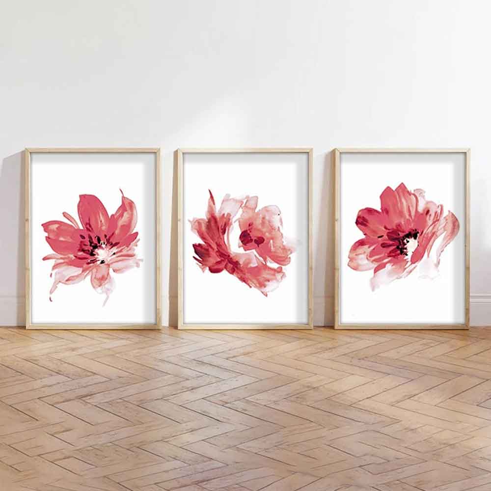 Impressionist Wooden 30x40cm Crimson Bloom Art Frame Set of 3 in Multicolour