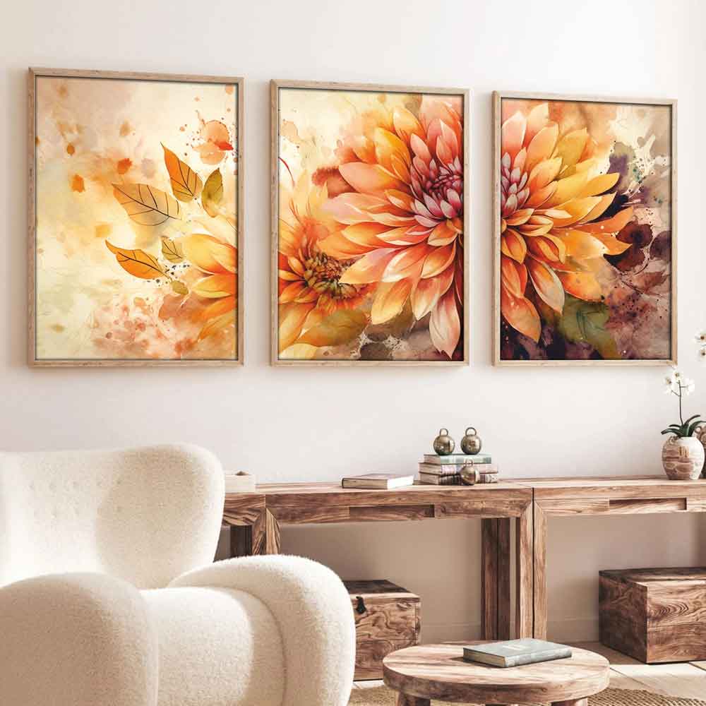 Impressionist Wooden 30x40cm Golden Dahlia Art of Frame Set of 3 in Multicolour