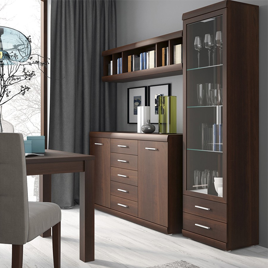 Impro LED Tall Wooden Display Cabinet In Dark Mahogany