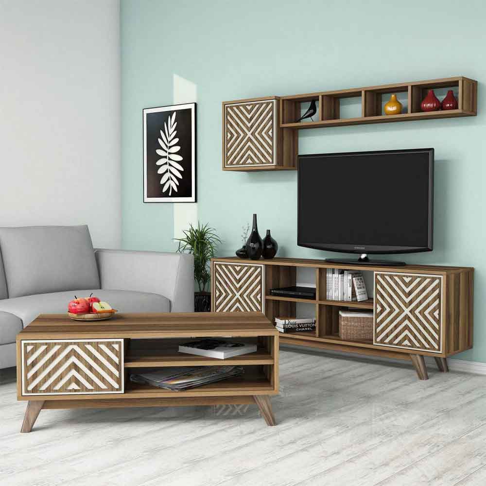 Inci Wooden Entertainment Unit and Coffee Table Set in Walnut and Cream
