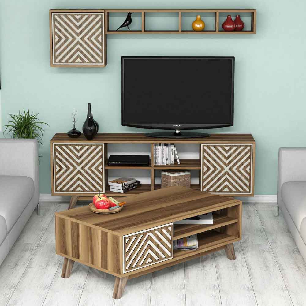 Inci Wooden Entertainment Unit and Coffee Table Set in Walnut and Cream