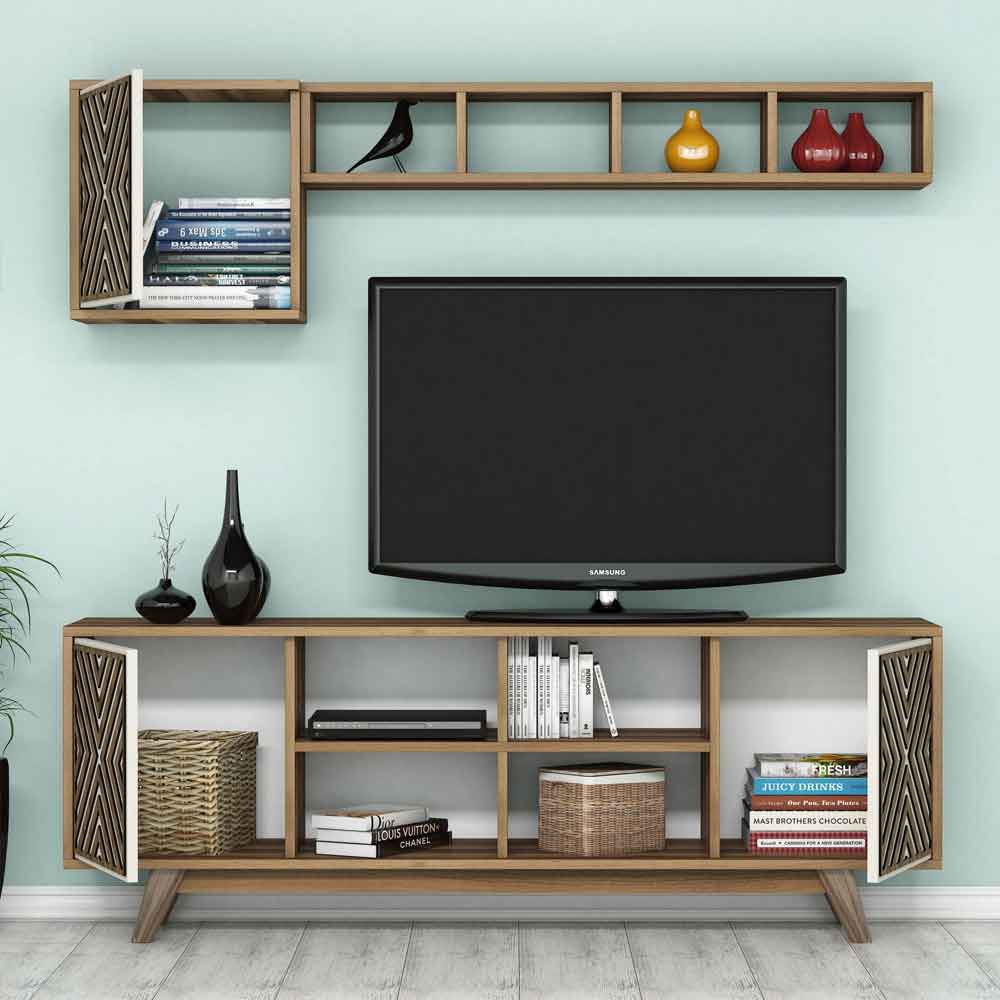 Inci Wooden Entertainment Unit and Coffee Table Set in Walnut and Cream