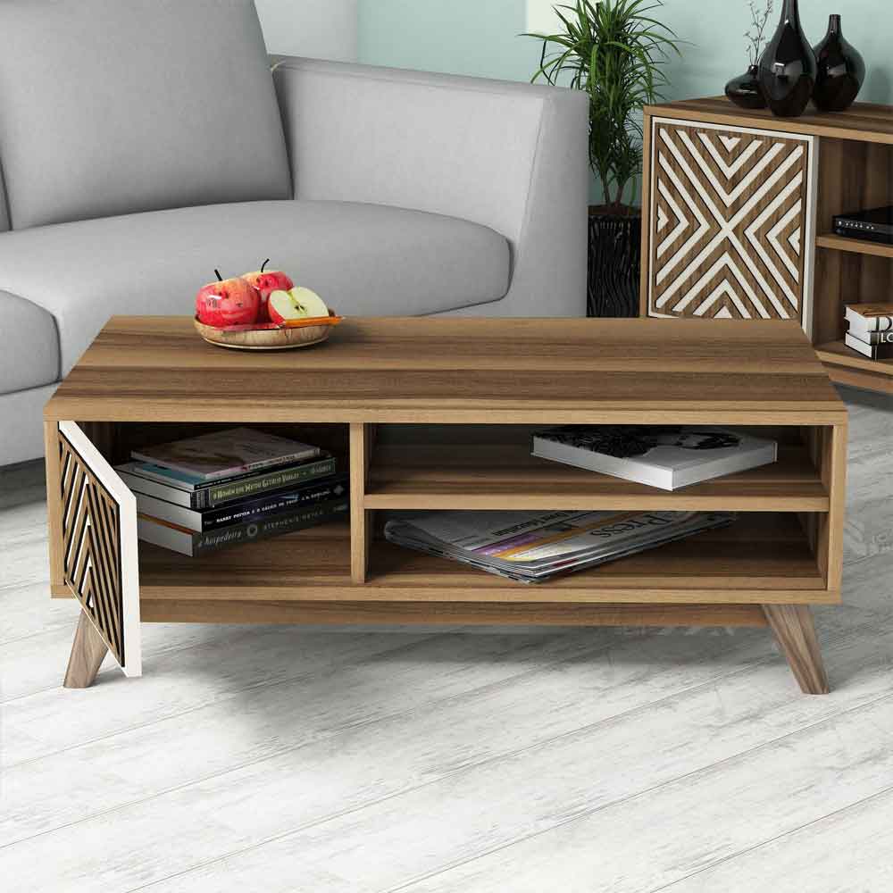Inci Wooden Entertainment Unit and Coffee Table Set in Walnut and Cream
