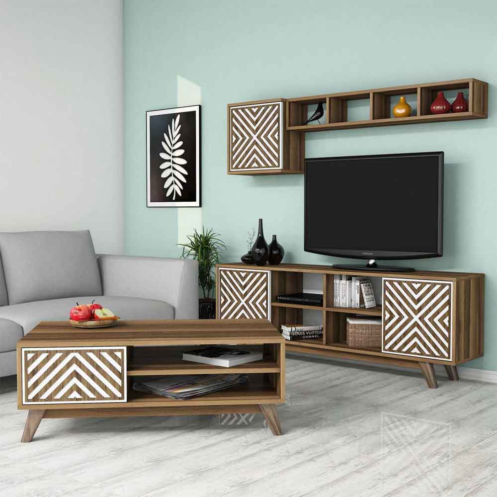 Inci Wooden Entertainment Unit and Coffee Table Set in Walnut and White
