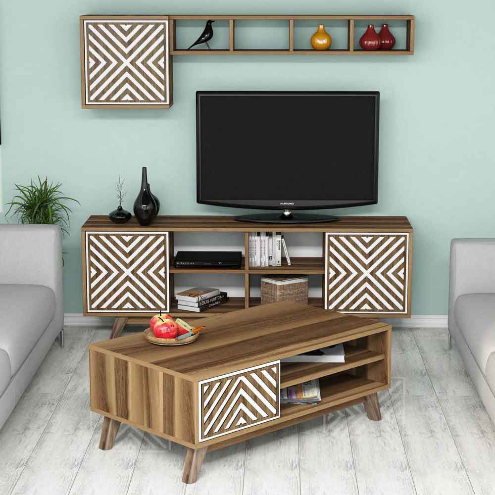 Inci Wooden Entertainment Unit and Coffee Table Set in Walnut and White
