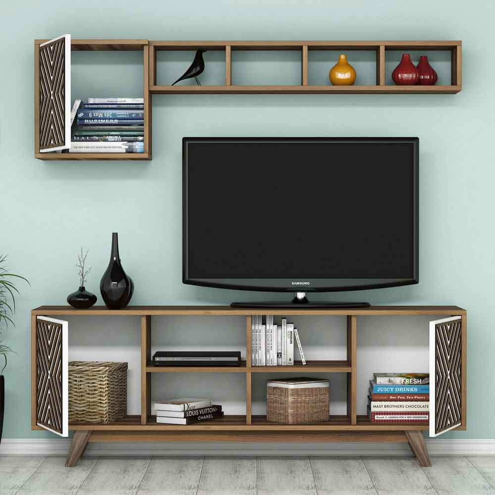 Inci Wooden Entertainment Unit and Coffee Table Set in Walnut and White
