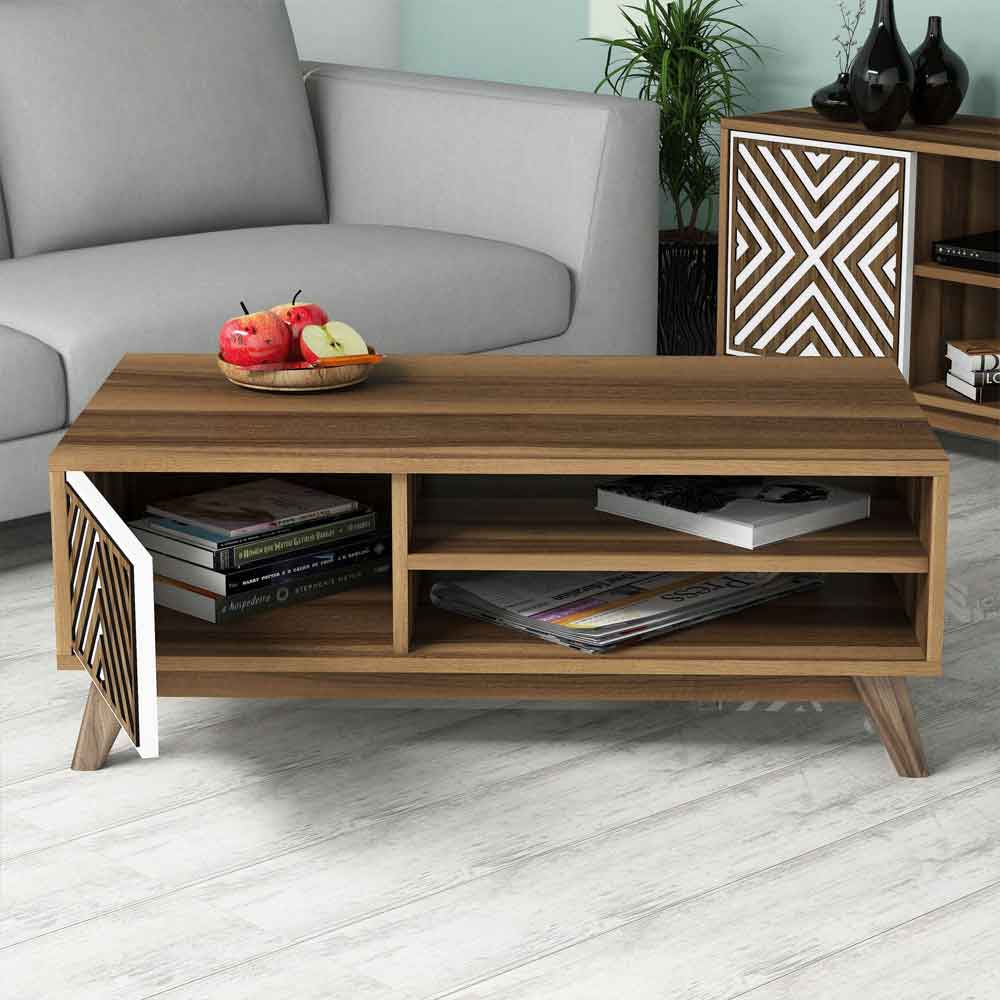 Inci Wooden Entertainment Unit and Coffee Table Set in Walnut and White