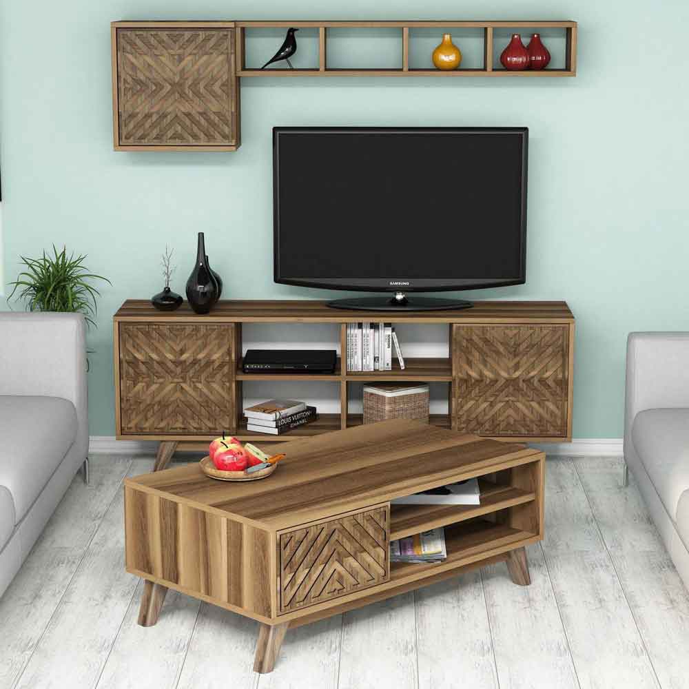 Inci Wooden Entertainment Unit and Coffee Table Set in Walnut