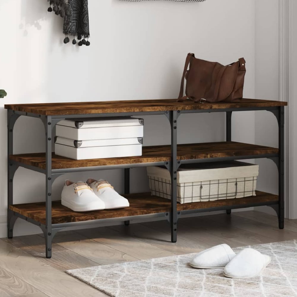 Read more about Indio wooden large shoe bench with 2 shelves in smoked oak