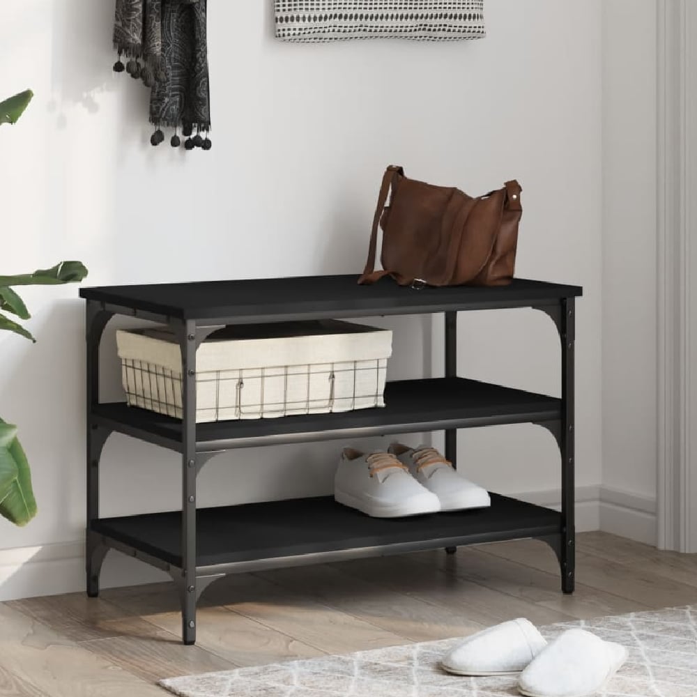 Read more about Indio wooden small shoe bench with 2 shelves in black