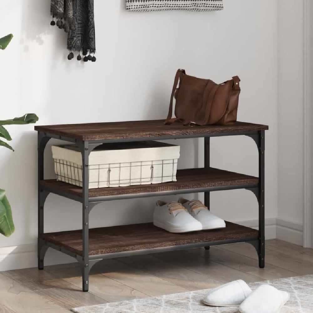 Read more about Indio wooden small shoe bench with 2 shelves in brown
