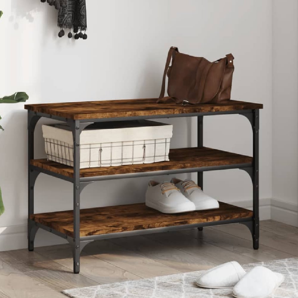 Read more about Indio wooden small shoe bench with 2 shelves in smoked oak