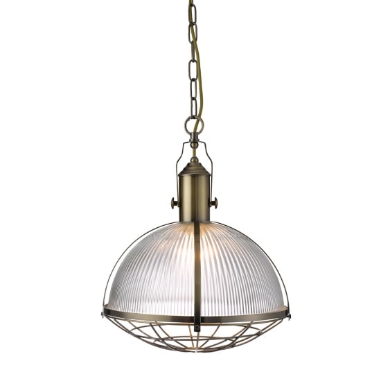 Read more about Industrial 1 light pendant in antique brass and clear glass