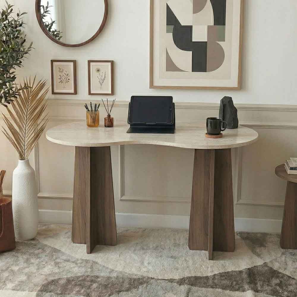 Infini Wooden Laptop Desk in Travertine Marble Effect and Walnut
