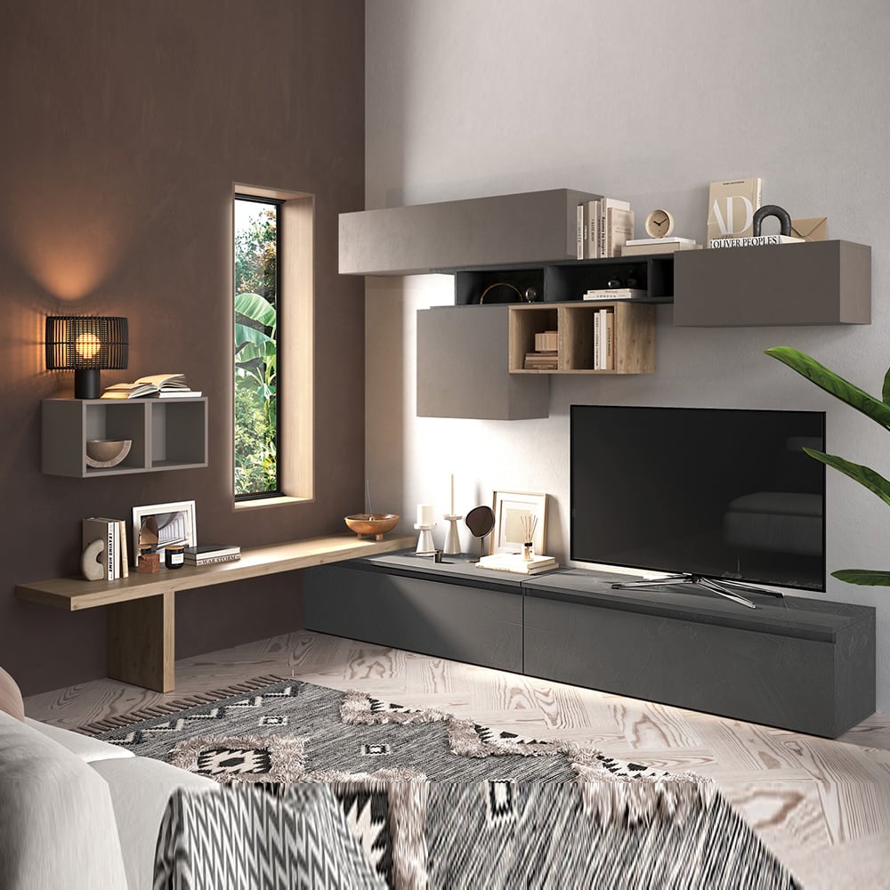 Infinite Corner Wooden Entertainment Unit In Clay Cadiz And Lead