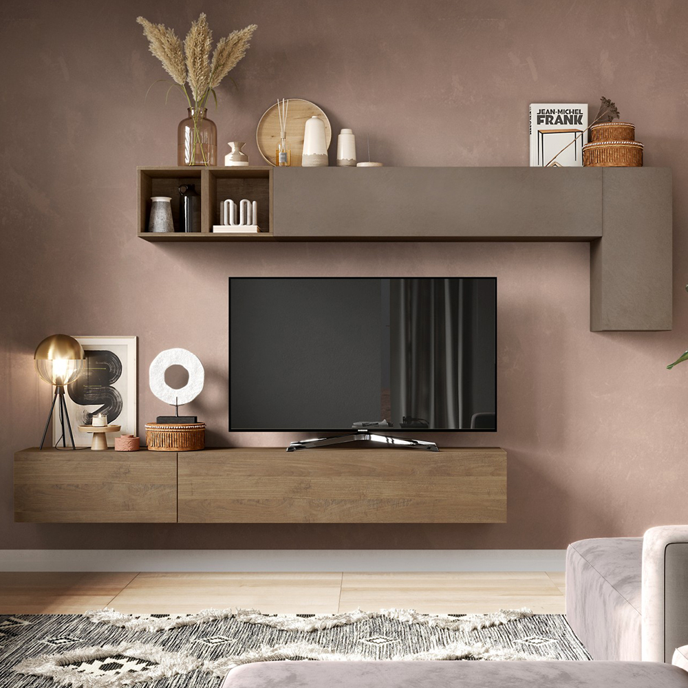 Infinite I Wall Hung Wooden Entertainment Unit In Bronze And Mercure