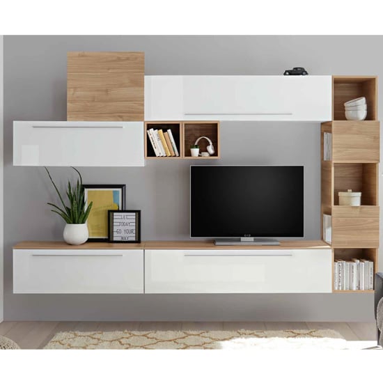 Infra White Gloss Wall TV Unit And Shelves In Stelvio Walnut