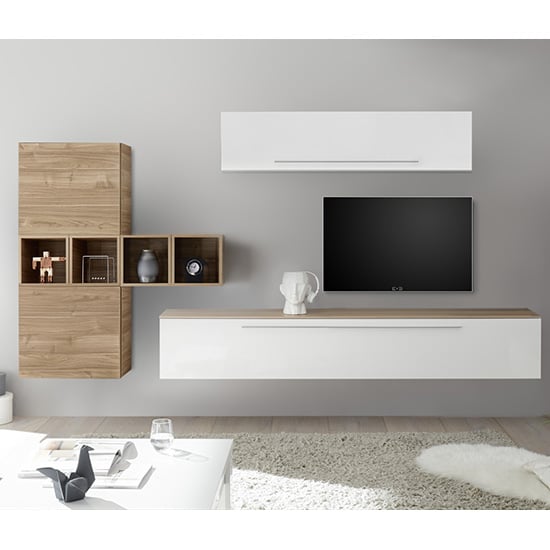 Infra Wall TV Unit And Shelves In White Gloss And Stelvio Walnut