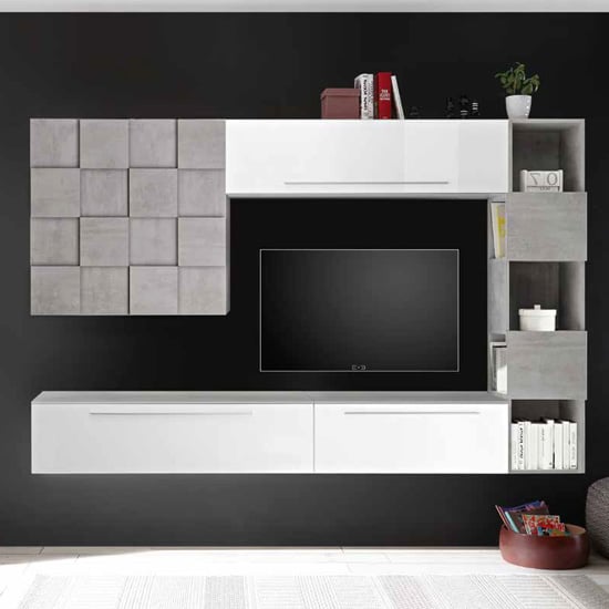Infra White High Gloss Large Entertainment Unit In Cement Effect