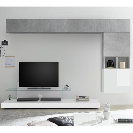 Infra Glass Shelf TV Stand In White Gloss And Cement Effect