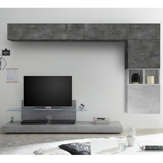 Read more about Infra glass shelf white gloss tv stand in cement and oxide