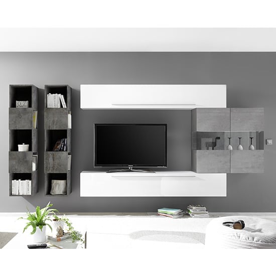 Product photograph of Infra Wall Tv Unit And Shelves In White Gloss And Cement Effect from Furniture in Fashion