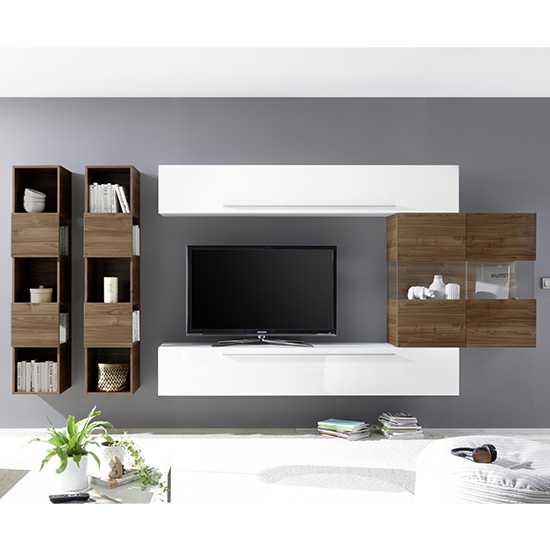 Infra Wall TV Unit And Shelves In Dark Walnut And White Gloss
