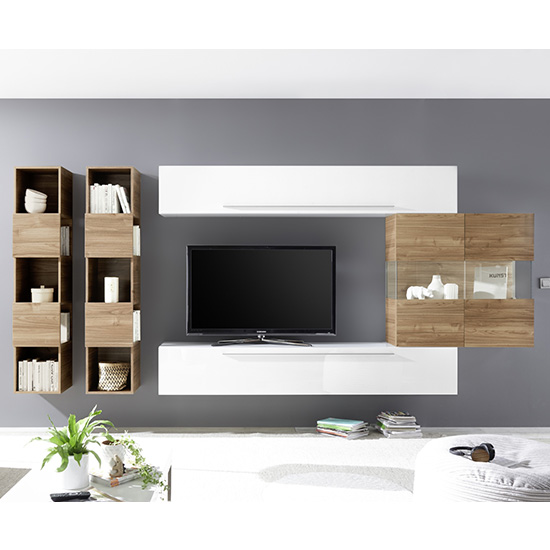 Product photograph of Infra Stelvio Walnut Wall Tv Unit And Shelves In White Gloss from Furniture in Fashion