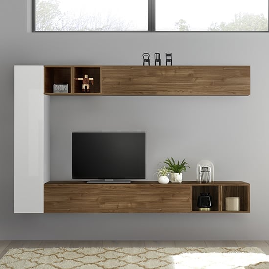 Infra White Gloss Wall TV Unit In Dark Walnut With 4 Shelves