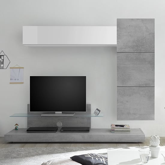 Infra TV Stand And Glass Shelf In White Gloss And Cement Effect
