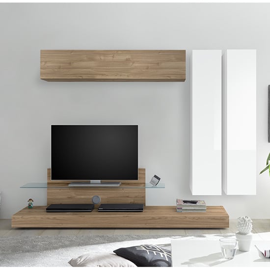 Infra TV Stand And Glass Shelf In White Gloss And Stelvio Walnut