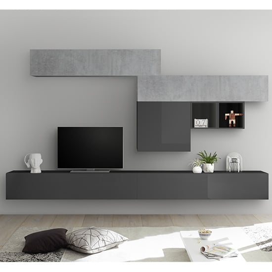 Infra Large Entertainment Unit In Grey Gloss And Cement Effect