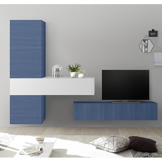 Infra Wall TV Unit With Storage In White High Gloss And Blue