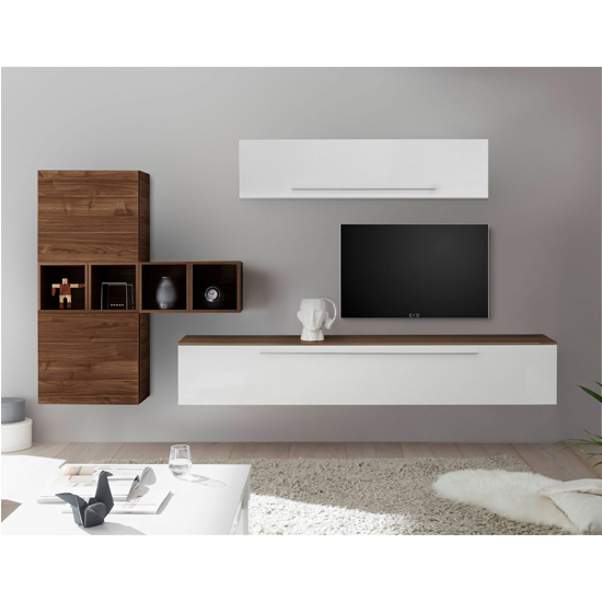 Infra Wall TV Unit And Shelves In White Gloss And Dark Walnut