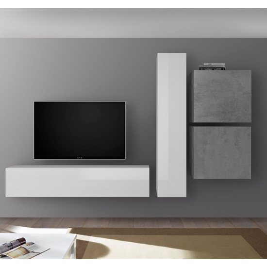 Infra Wall TV Unit And Storage In White Gloss And Cement Effect