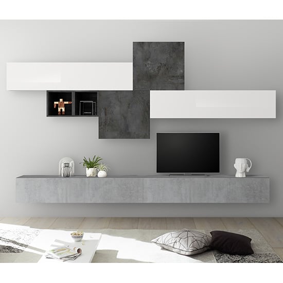 Infra Wall TV Unit And Storage In Cement Effect And Oxide