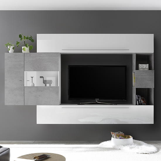 Infra Entertainment Unit In Cement Effect And White Gloss