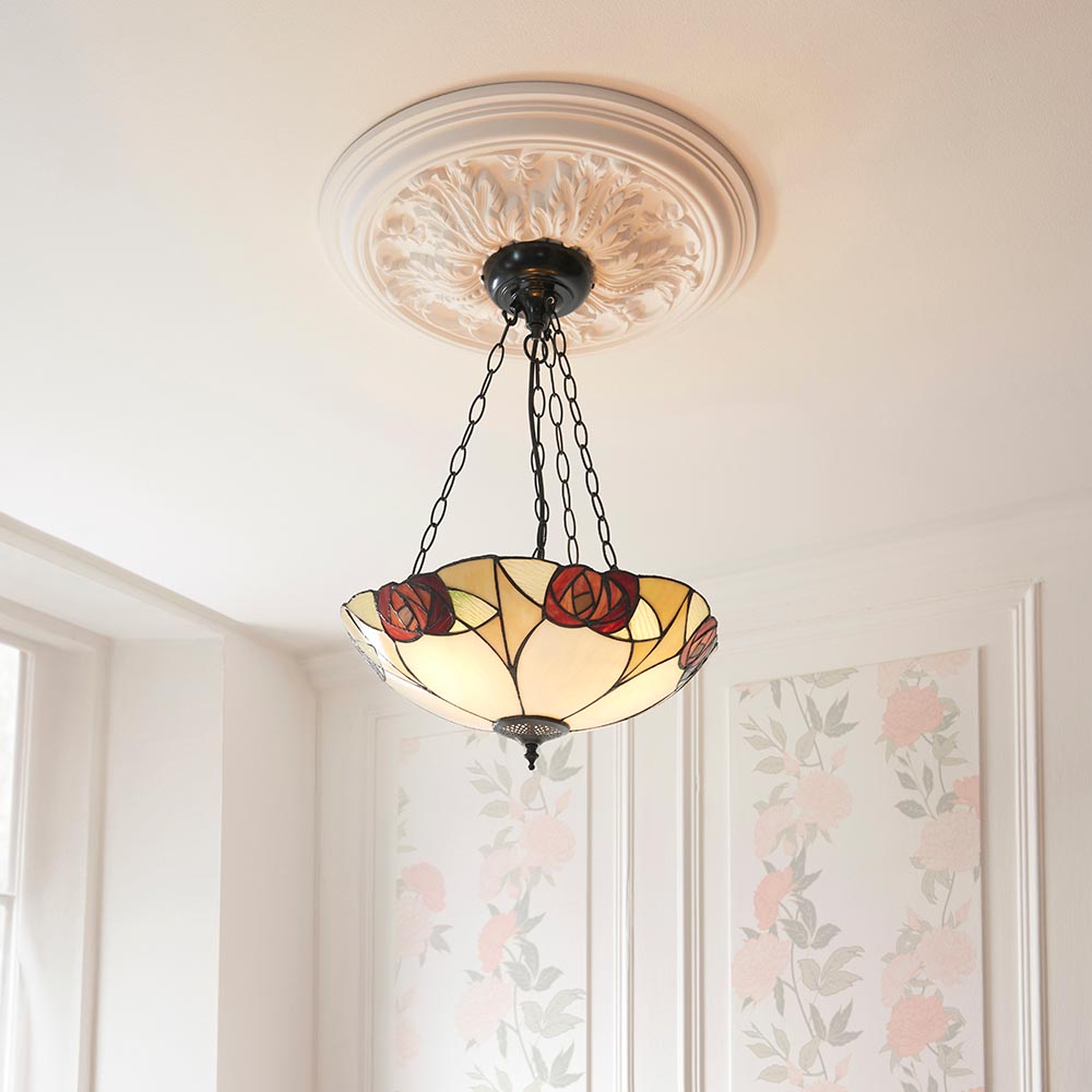 Ingram 3 Light Tiffany Glass Inverted Pendant Light In Satin Black