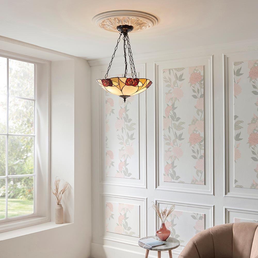 Ingram 3 Light Tiffany Glass Inverted Pendant Light In Satin Black