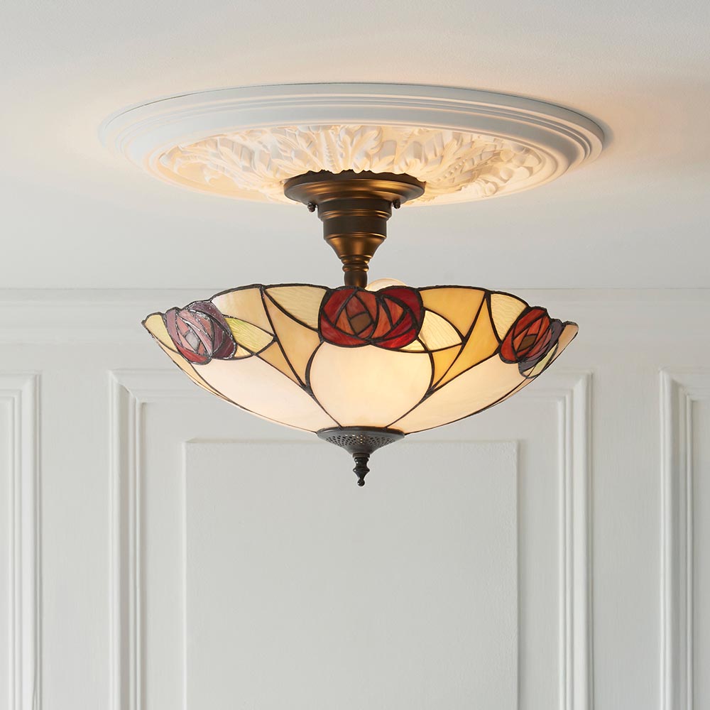Ingram 3 Lights Tiffany Glass Semi Flush Light In Satin Black