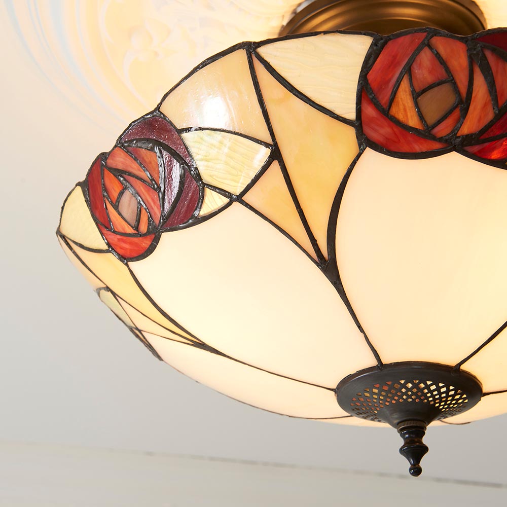 Ingram 3 Lights Tiffany Glass Semi Flush Light In Satin Black